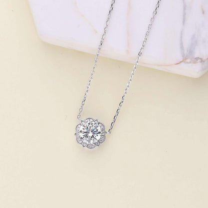 Flower Halo CZ Necklace in Sterling Silver
