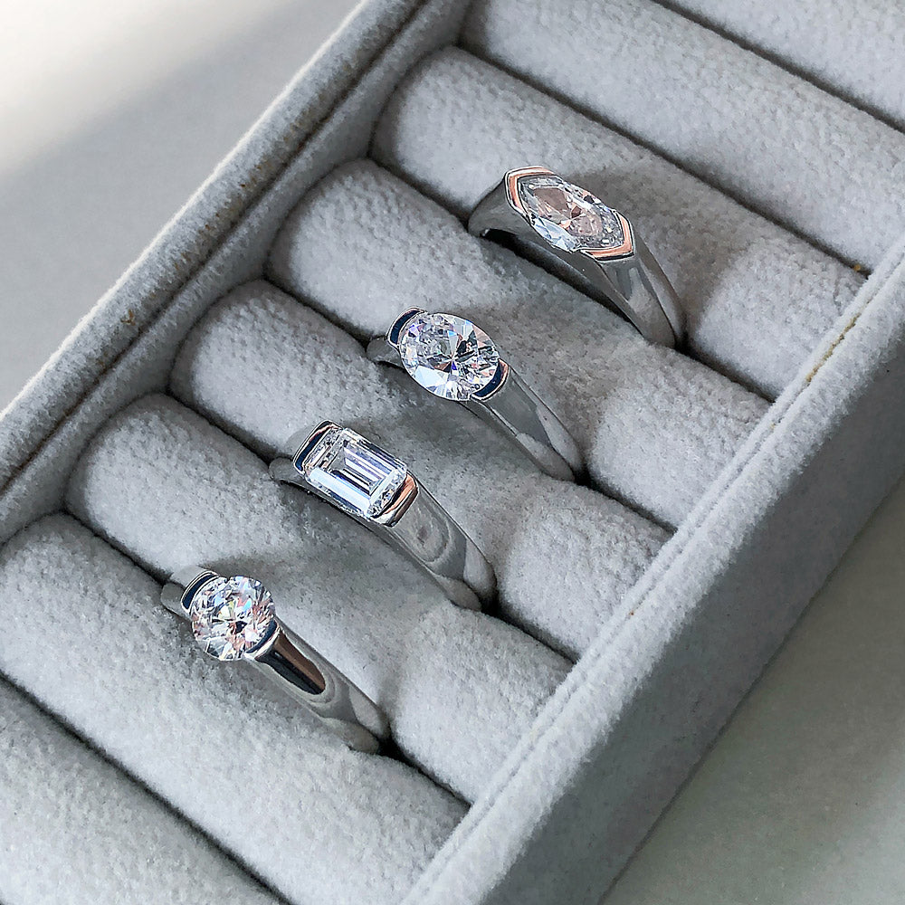 Flatlay view of East-West Solitaire 1ct Bezel CZ Ring in Sterling Silver, 11 of 12
