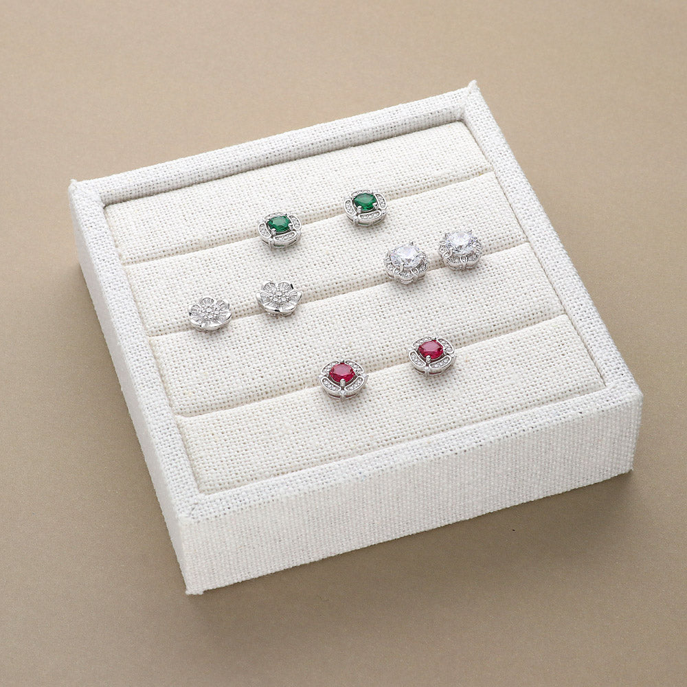 Flatlay view of Flower Halo CZ Necklace and Earrings in Sterling Silver, 12 of 14