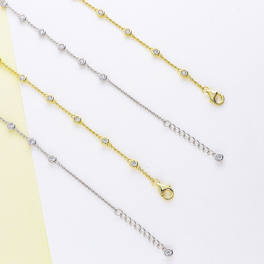 Station CZ Rolo Chain Station Anklet in Sterling Silver