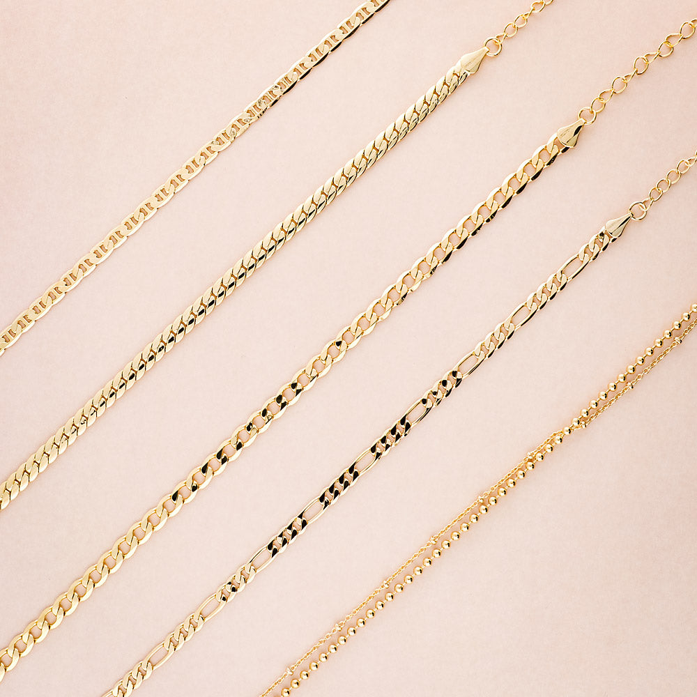 Flatlay view of Double Strand Bead Chain Anklet Ankle Bracelet in Base Metal, Gold-Tone