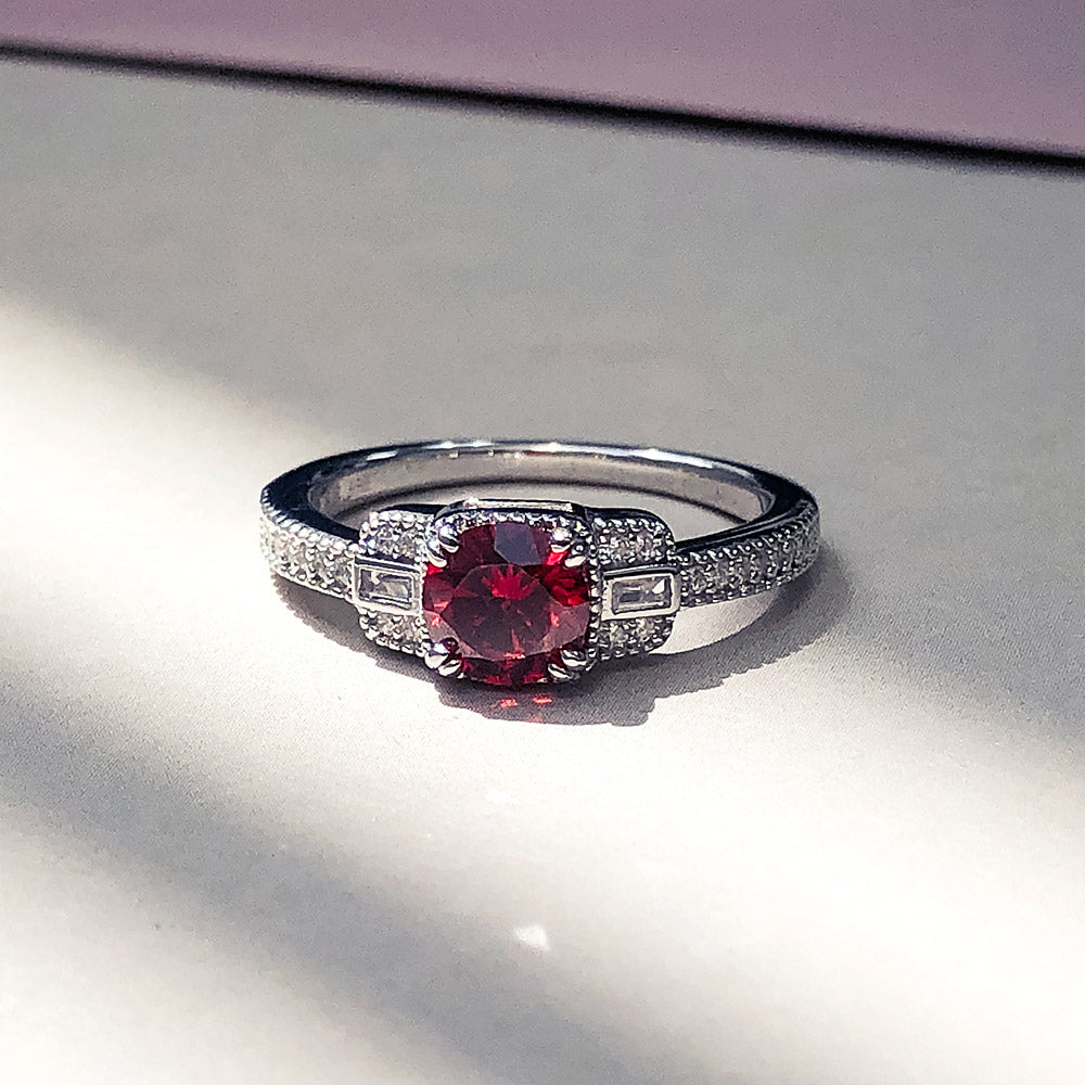 Flatlay view of Vintage Inspired Art Deco Red CZ Ring in Sterling Silver, 9 of 9