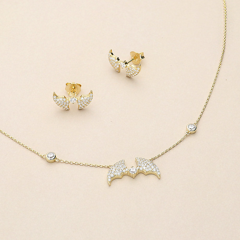 Flatlay view of Bat CZ Necklace in Gold Flashed Sterling Silver, 5 of 6