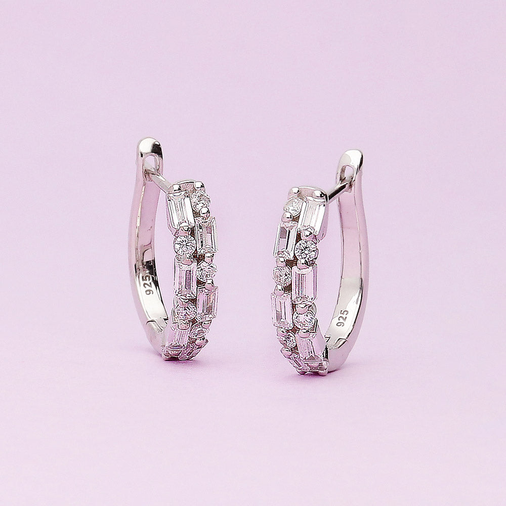 Flatlay view of Bar CZ Small Huggie Earrings in Sterling Silver 0.7 inch, 2 of 6