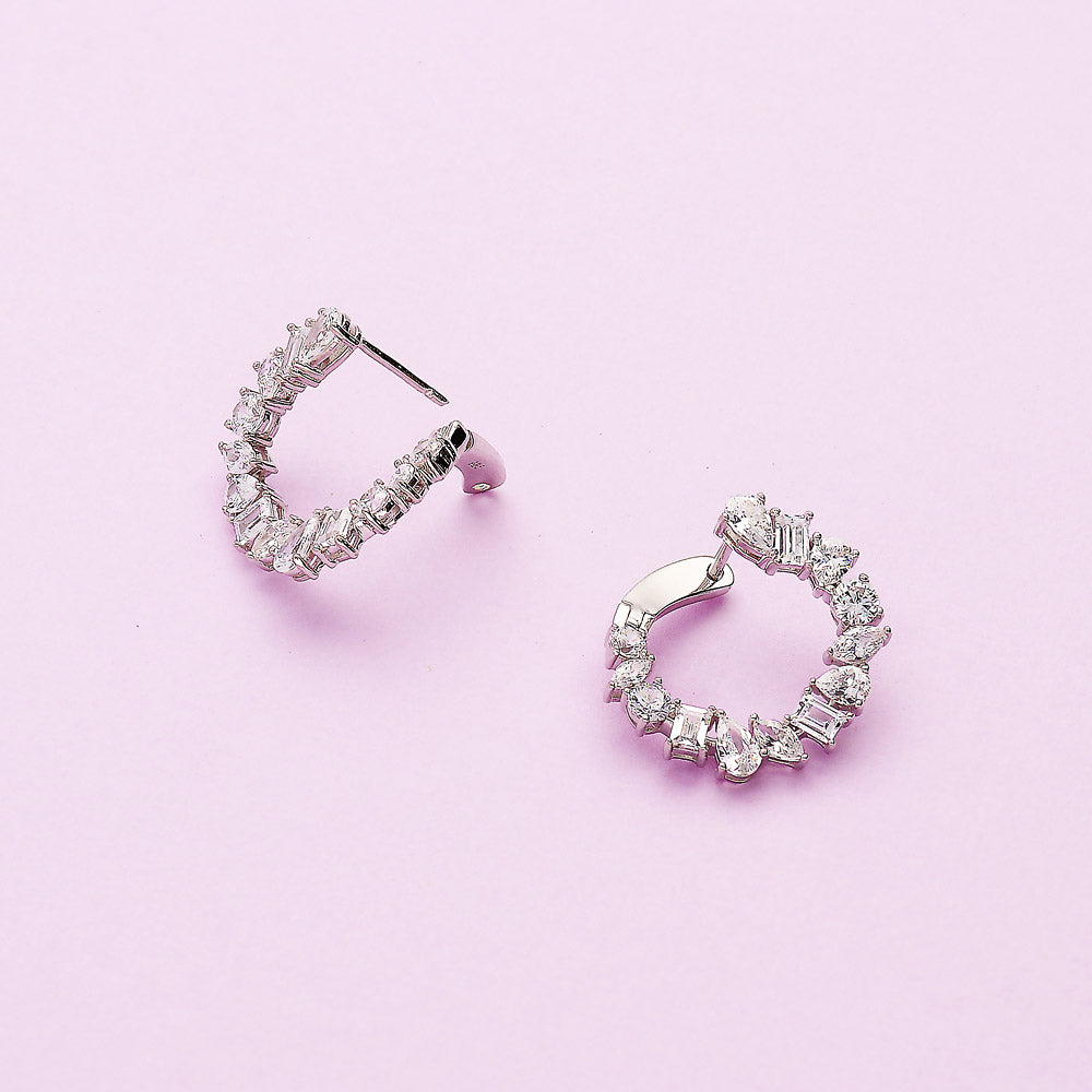 Flatlay view of Cluster CZ Small Hoop Earrings in Sterling Silver 0.8 inch, 5 of 8