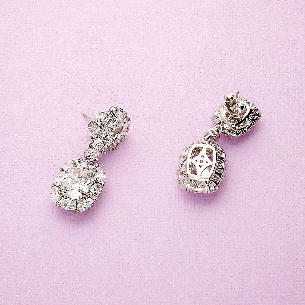 Halo Cushion CZ Chandelier Earrings in Sterling Silver
