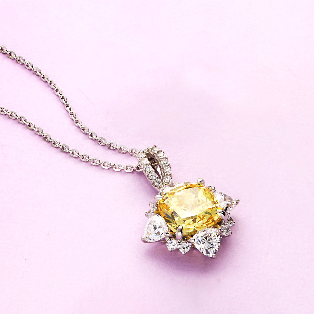 Flatlay view of Halo Flower Canary Yellow Cushion CZ Set in Sterling Silver, 7 of 12