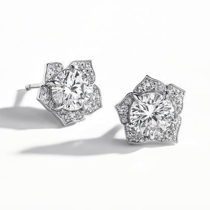 Flower Halo CZ Necklace and Earrings in Sterling Silver