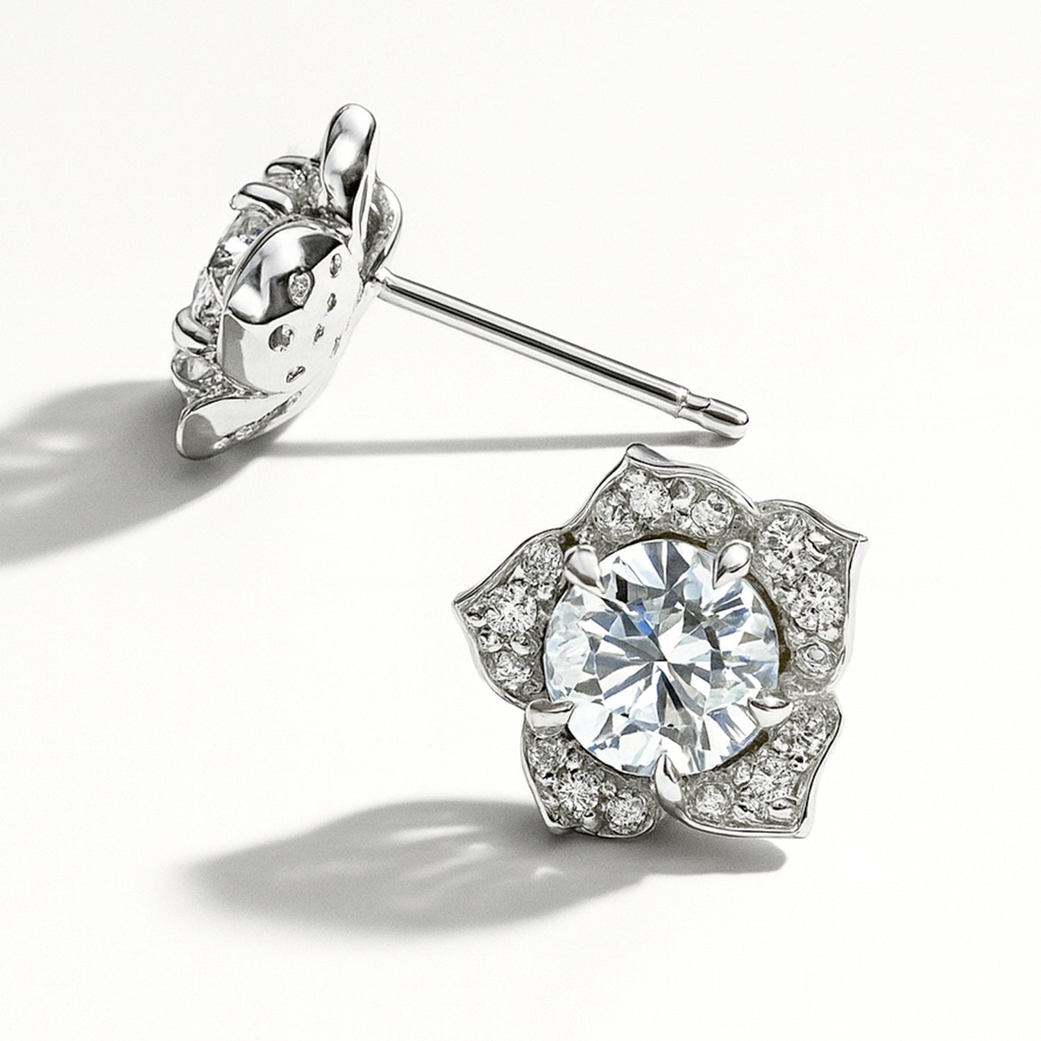 Angle view of Flower Halo CZ Necklace and Earrings in Sterling Silver, 2 of 9
