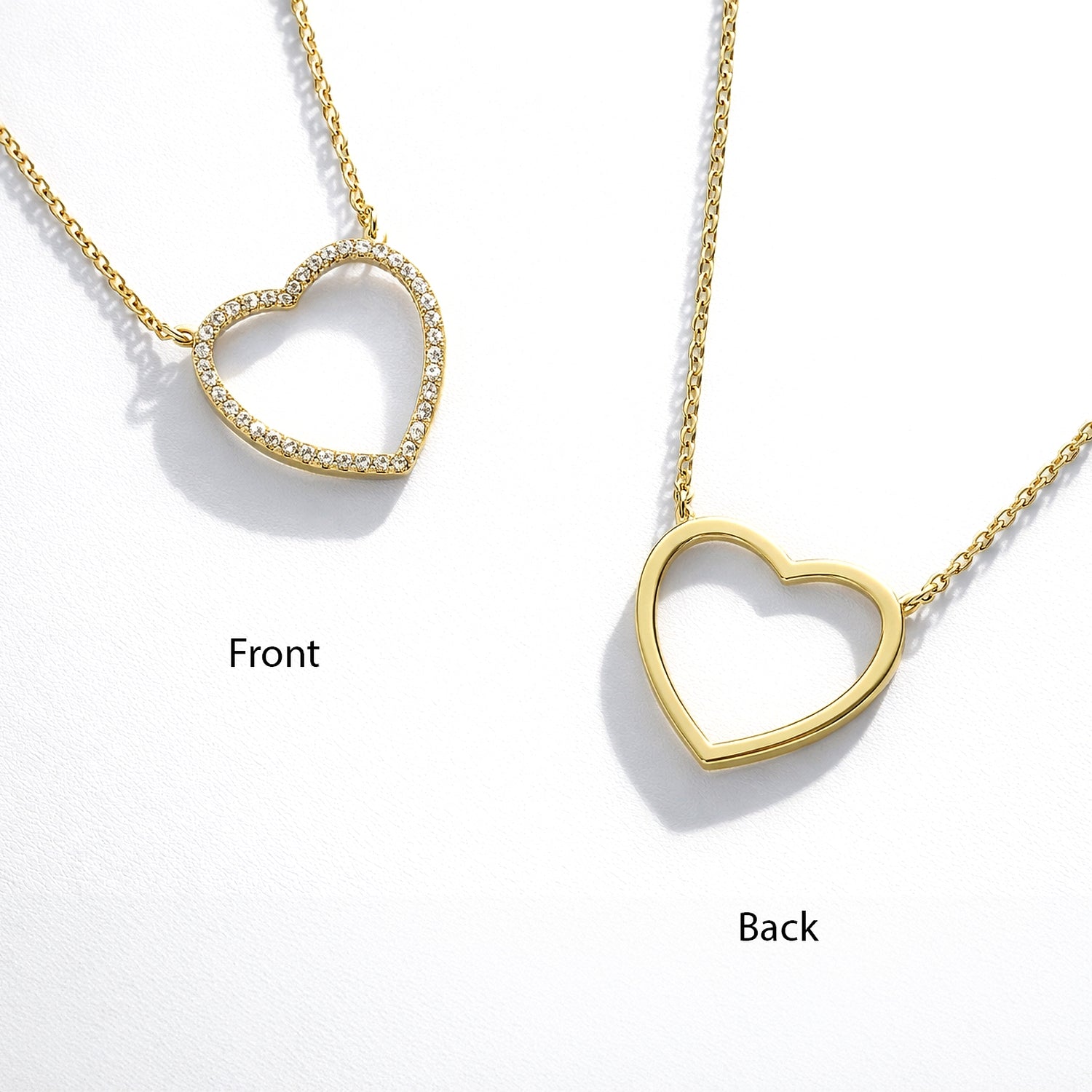 Side view of Open Heart CZ Necklace in Sterling Silver, Yellow Gold Flashed