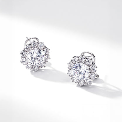 Flower Halo CZ Omega Back Stud Earrings in Sterling Silver