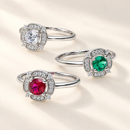 Halo Flower Ruby-Red CZ Ring in Sterling Silver