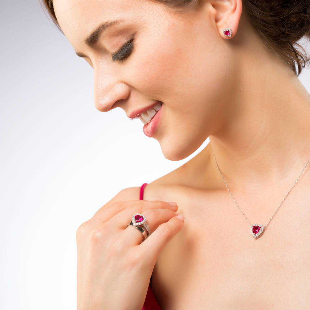 Halo Heart Ruby-Red Heart CZ Ring Set in Sterling Silver