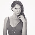 Model wearing Martini Solitaire Bezel CZ Stud Earrings, Rhodium Plated, Clear / 7mm