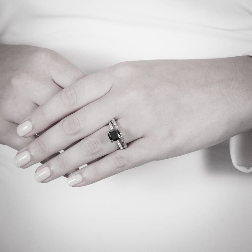 Solitaire 3ct Black Cushion CZ Ring in Sterling Silver