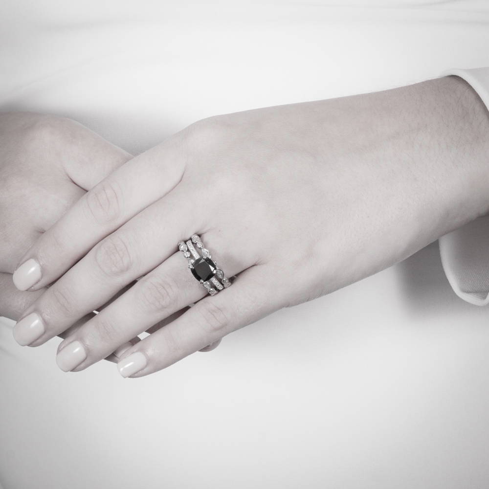 Model wearing Solitaire 3ct Black Cushion CZ Ring in Sterling Silver, 15 of 18