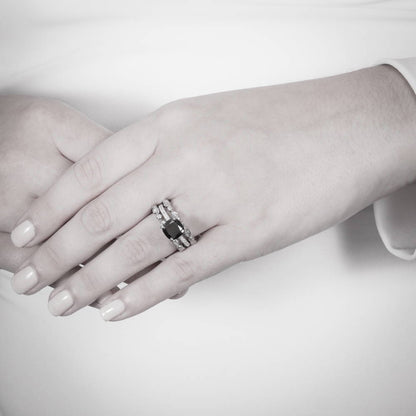 Solitaire 3ct Black Cushion CZ Ring in Sterling Silver