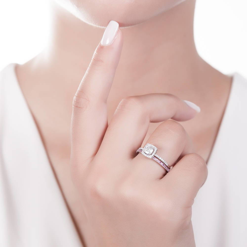 Model wearing Halo Cushion Cut CZ Ring in Sterling Silver, 12 of 18