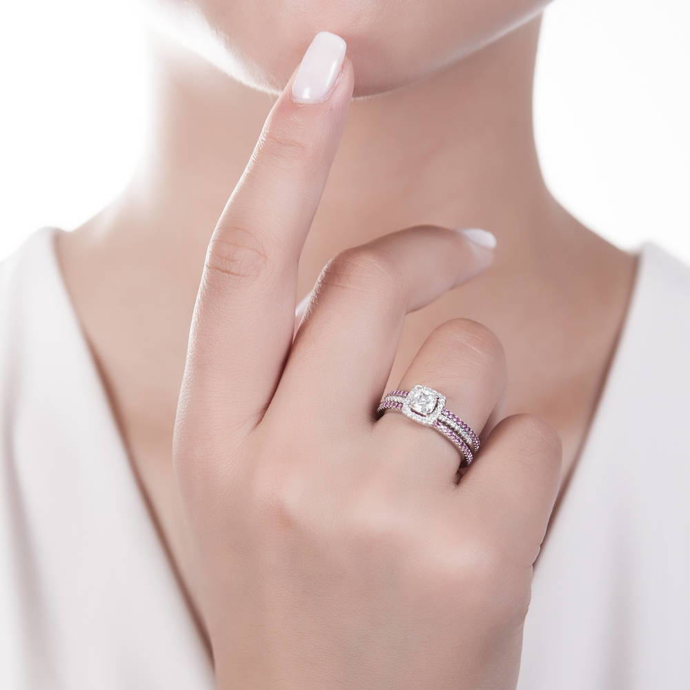 Model wearing Halo Cushion Cut CZ Ring in Sterling Silver, 16 of 18