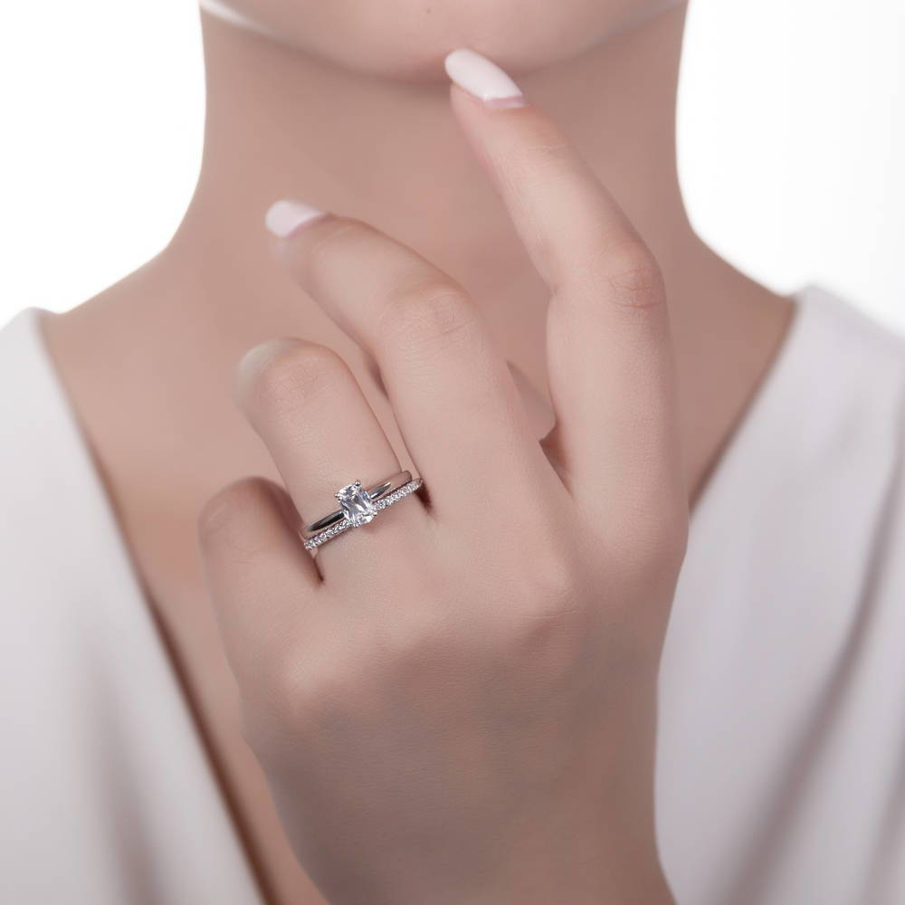 Model wearing Pave CZ Eternity Ring in Sterling Silver, 17 of 19