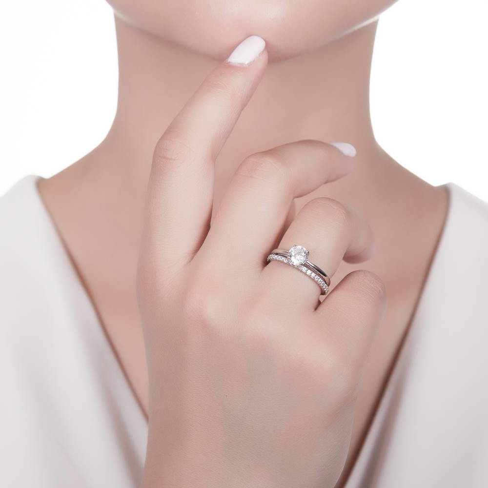 Model wearing Pave CZ Eternity Ring in Sterling Silver, 14 of 19