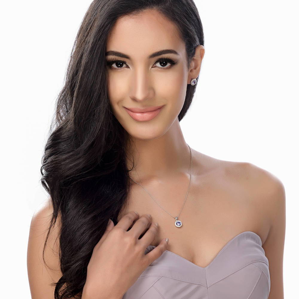 Model wearing Halo CZ Pendant Necklace in Sterling Silver, 6 of 7