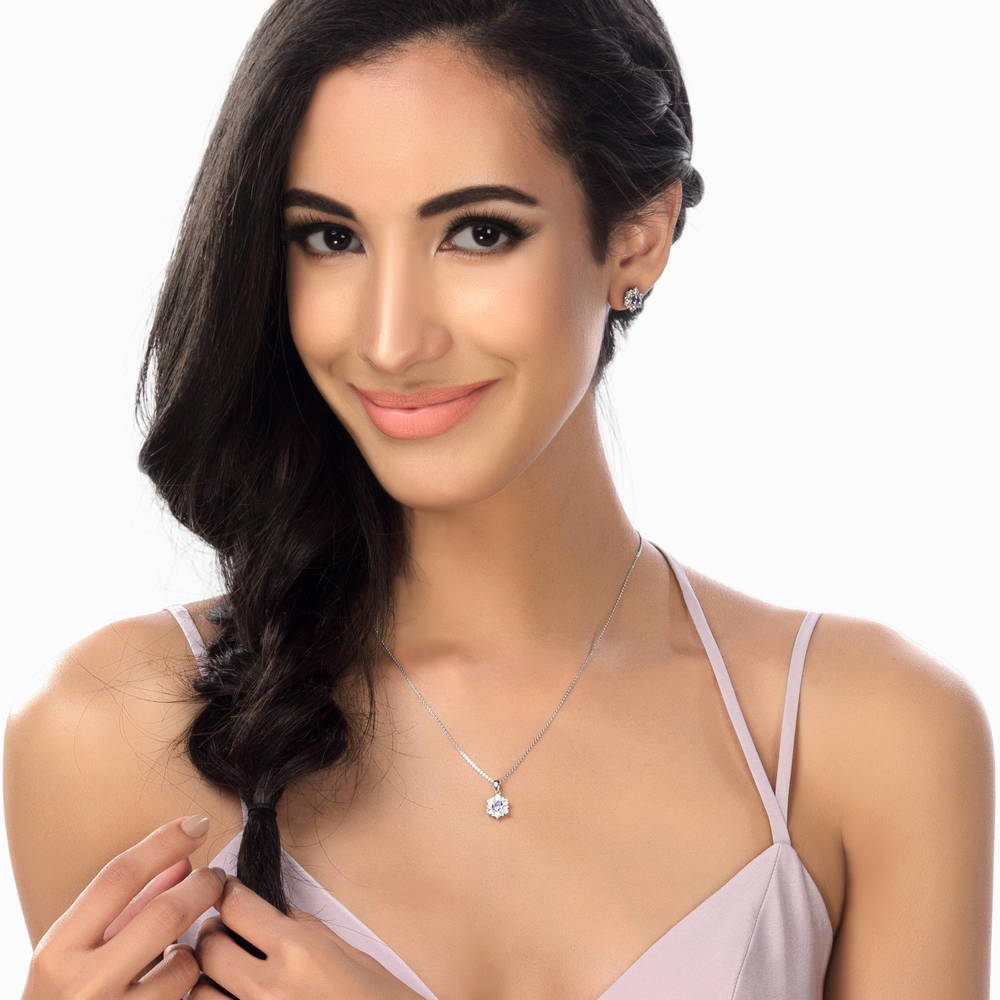 Model wearing Flower CZ Pendant Necklace in Sterling Silver, Purple