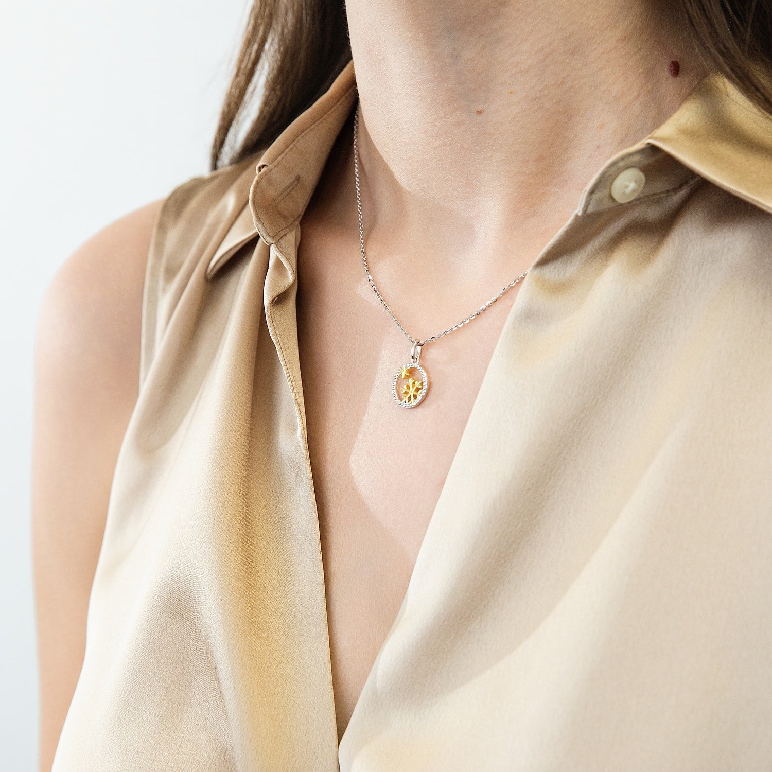 Model Wearing Snowflake Pendant Necklace Style N1723-01