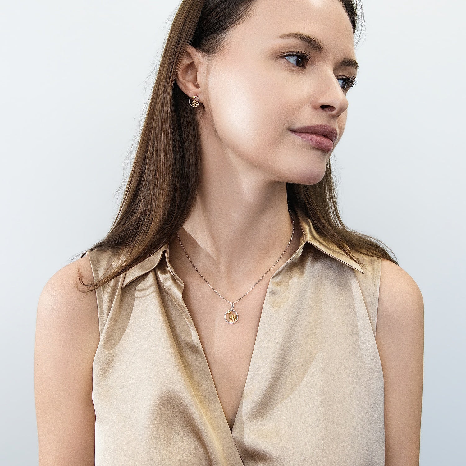 Model Wearing Snowflake Necklace Style N1723-01, Snowflake Stud Earrings Style E1886-01