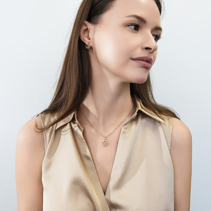 Model Wearing Snowflake Necklace Style N1723-01, Snowflake Stud Earrings Style E1886-01