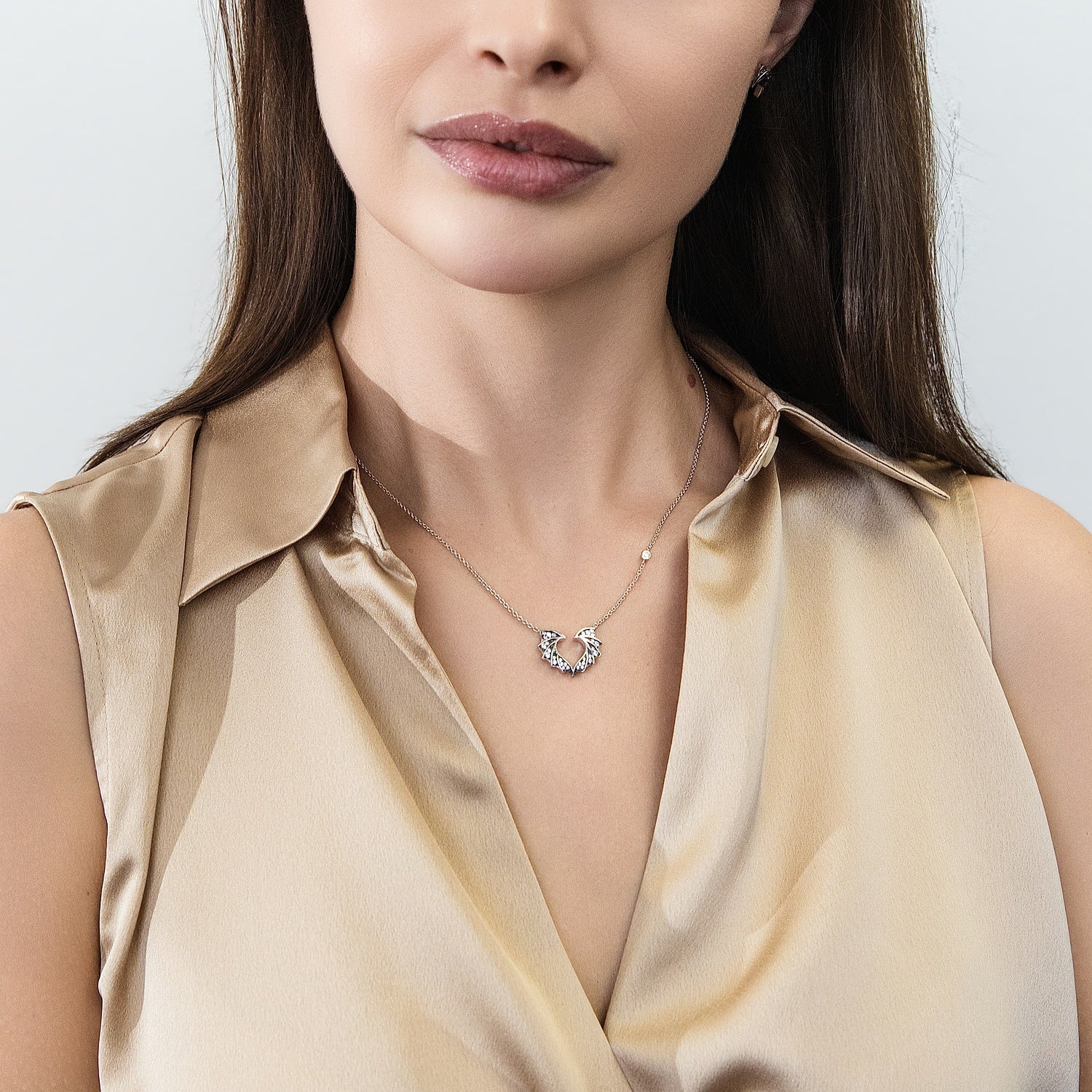 Model Wearing Bat Wings Necklace Style N1721-01, Bat Wings Stud Earrings Style E1879-01