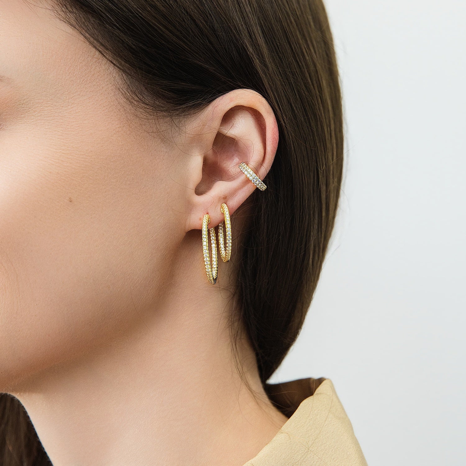 Model wearing CZ Ear Cuff Cartilage Earrings in Sterling Silver, 2 Pairs, Style 2