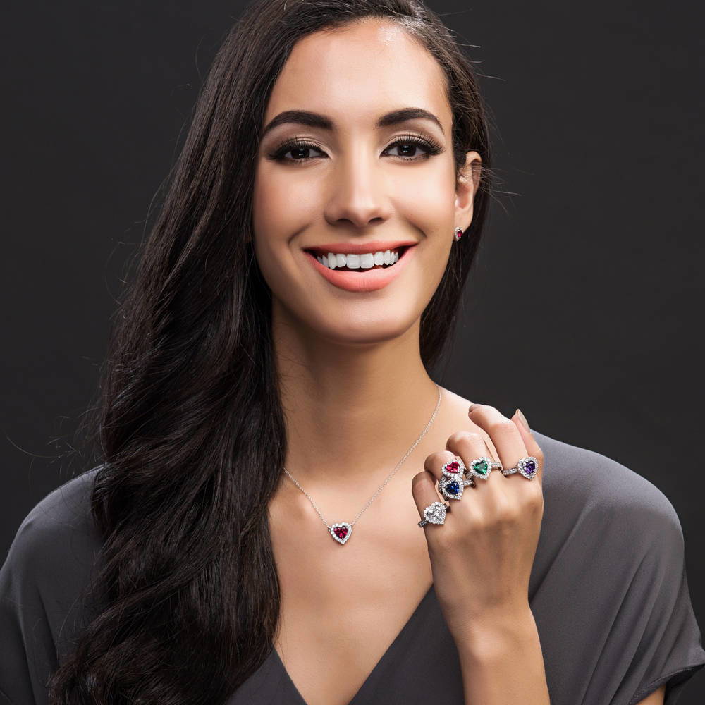 Model wearing Halo Heart Heart CZ Ring in Sterling Silver, 7 of 8