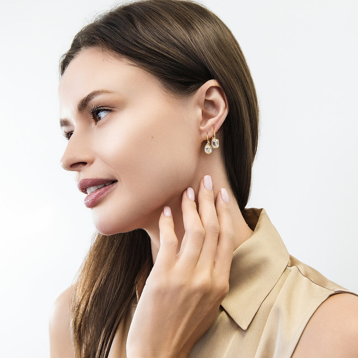 Model wearing Solitaire CZ Earrings in Gold Flashed Sterling Silver, 2 Pairs, 10 of 13