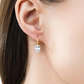Model wearing Solitaire 2.6ct Pear CZ Leverback Earrings in Sterling Silver, Gold Flashed