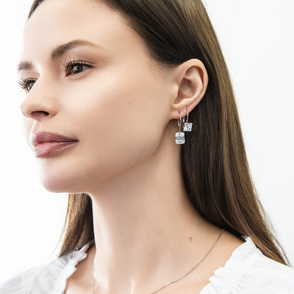 Model Wearing Solitaire Dangle Earrings Style E1250-01, Solitaire Dangle Earrings Style E1434-01