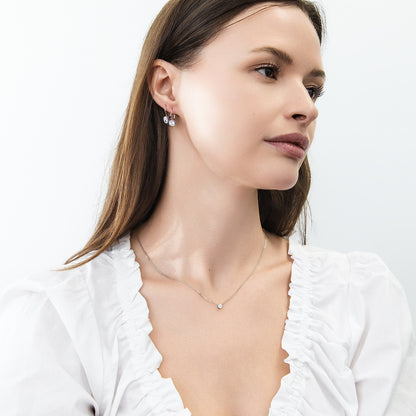 Model Wearing Solitaire Dangle Earrings Style E1611-01, Solitaire Necklace Style N1743-01