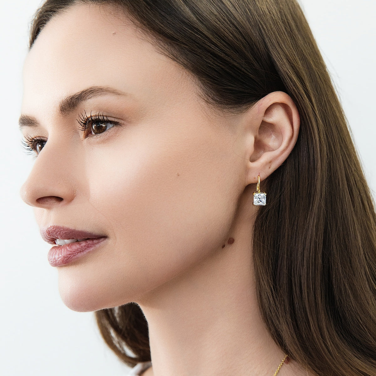 Model Wearing Solitaire Dangle Earrings Style E1250-06