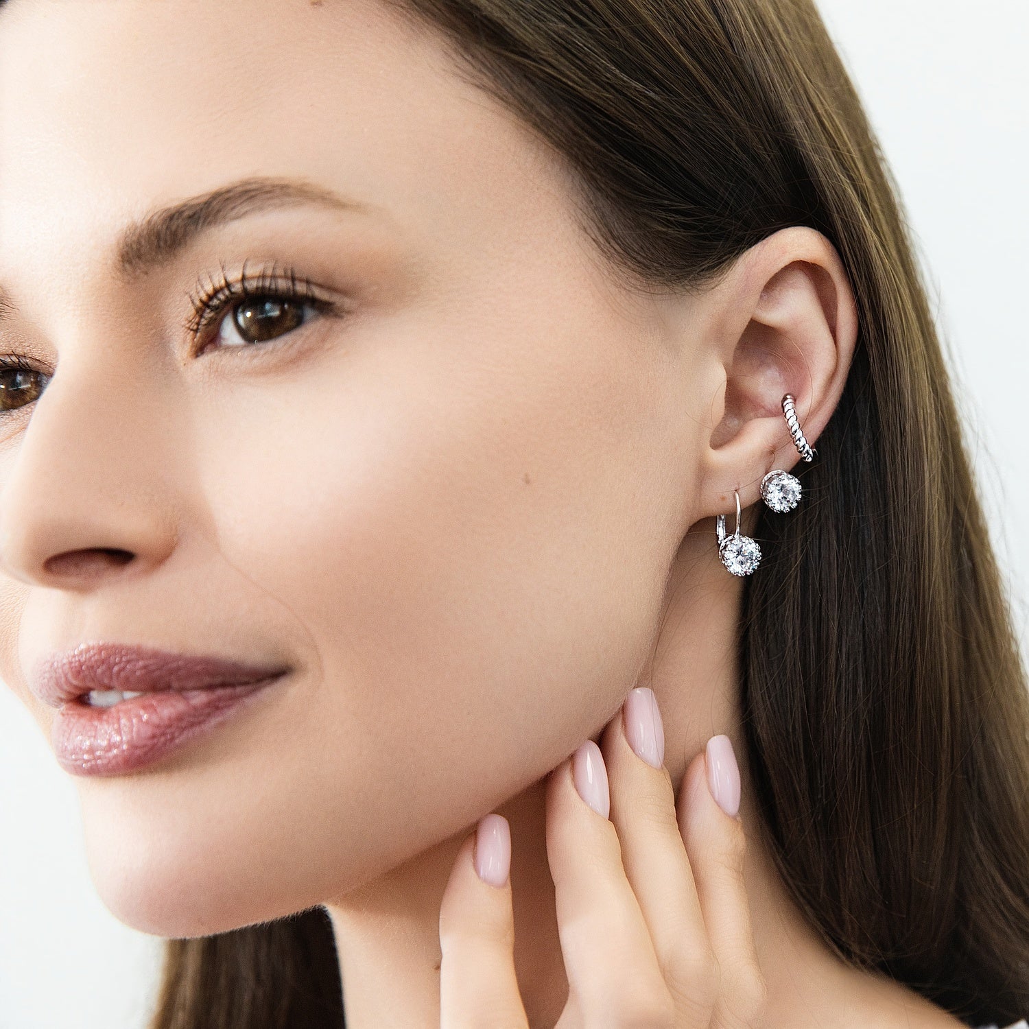 Model Wearing  Style E1924-01, Cable Ear Cuff Helix Cartilage Earrings Style E1893-01