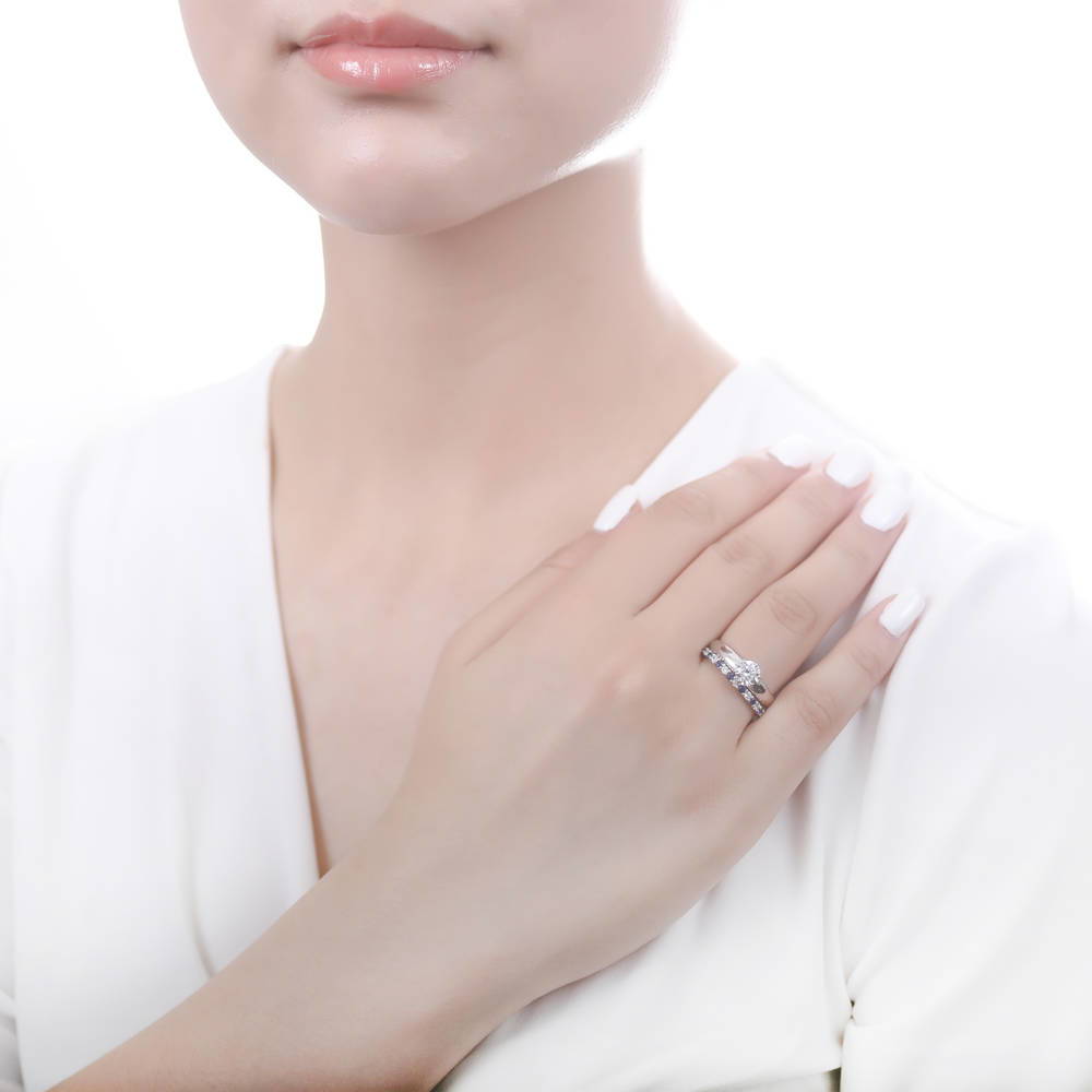 Model wearing Sapphire-Blue Pave CZ Eternity Ring in Sterling Silver, 9 of 19