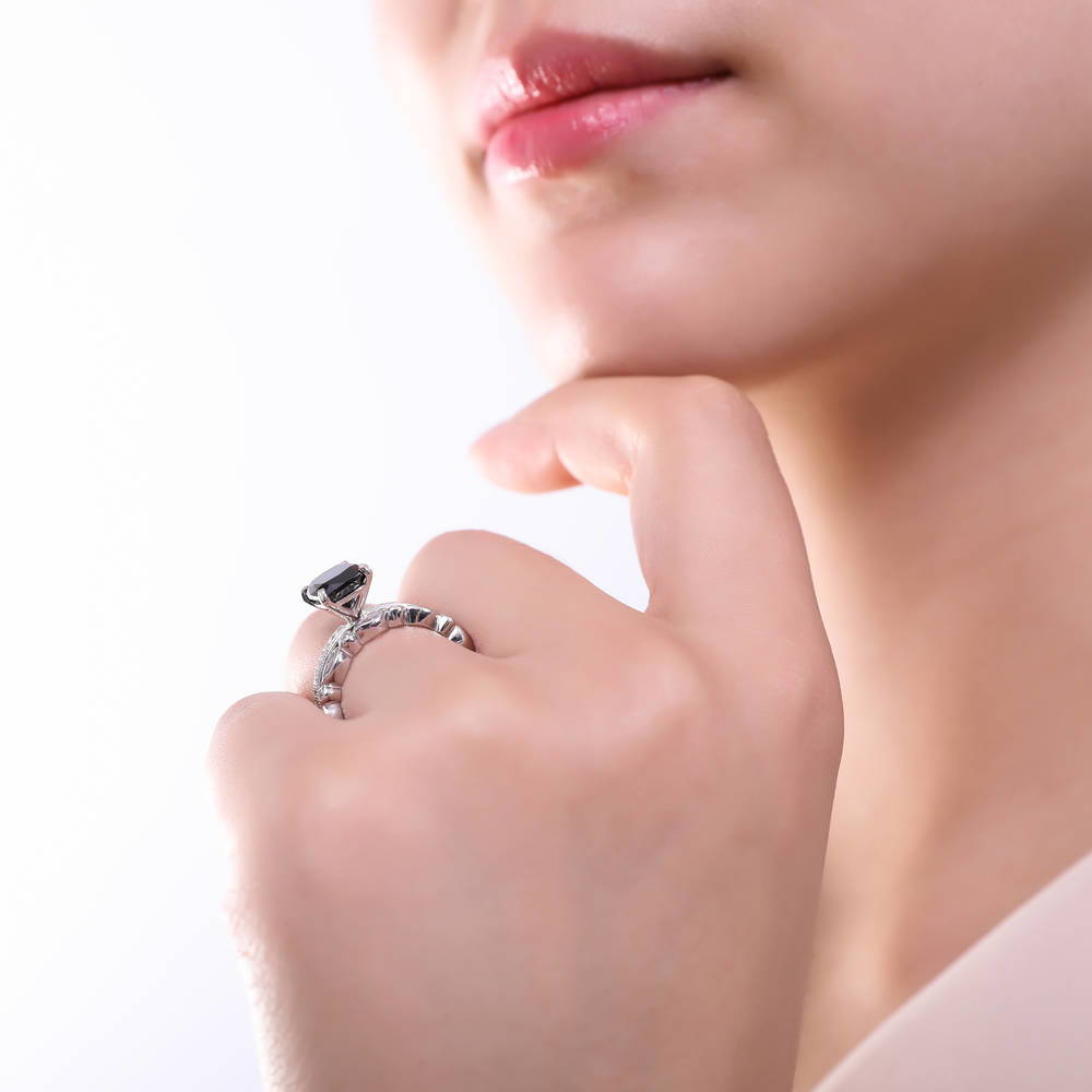 Solitaire 3ct Black Cushion CZ Ring in Sterling Silver