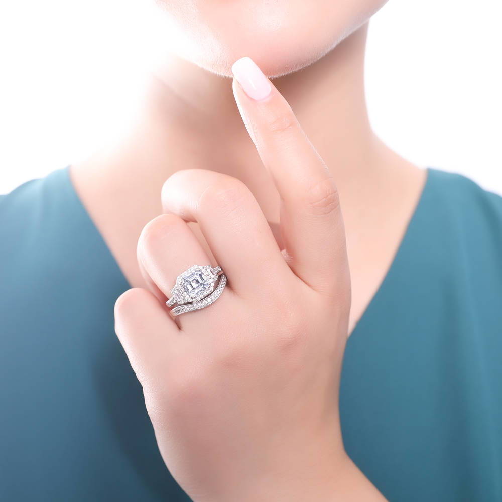 Model wearing Pave CZ Eternity Ring in Sterling Silver, 11 of 19