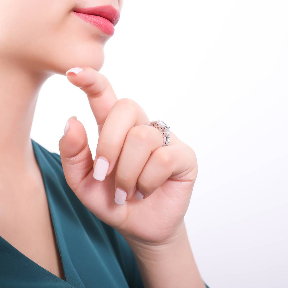 Model wearing Pave CZ Eternity Ring in Sterling Silver, 15 of 19