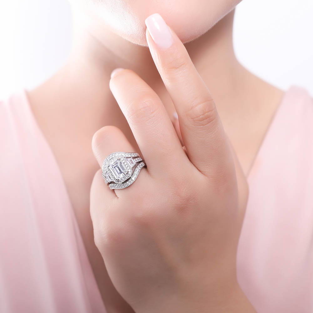 Halo Emerald Cut CZ Ring in Sterling Silver