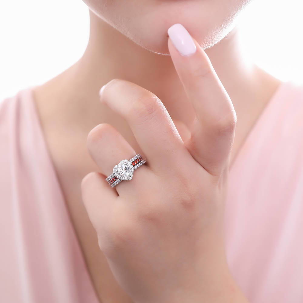Model wearing Halo Heart Heart CZ Ring in Sterling Silver, 9 of 11