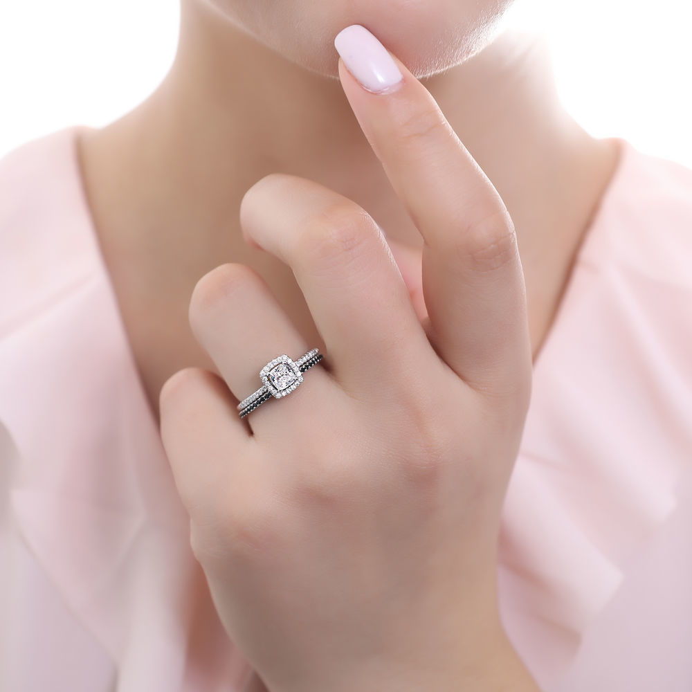Model wearing Halo Cushion Cut CZ Ring in Sterling Silver, 10 of 18