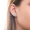 Model wearing Martini Solitaire Bezel CZ Stud Earrings, Rhodium Plated, Clear / 8mm