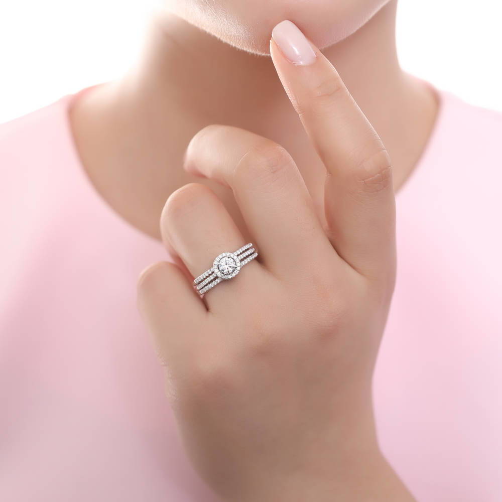 Model wearing Halo CZ Ring in Sterling Silver, 6 of 8