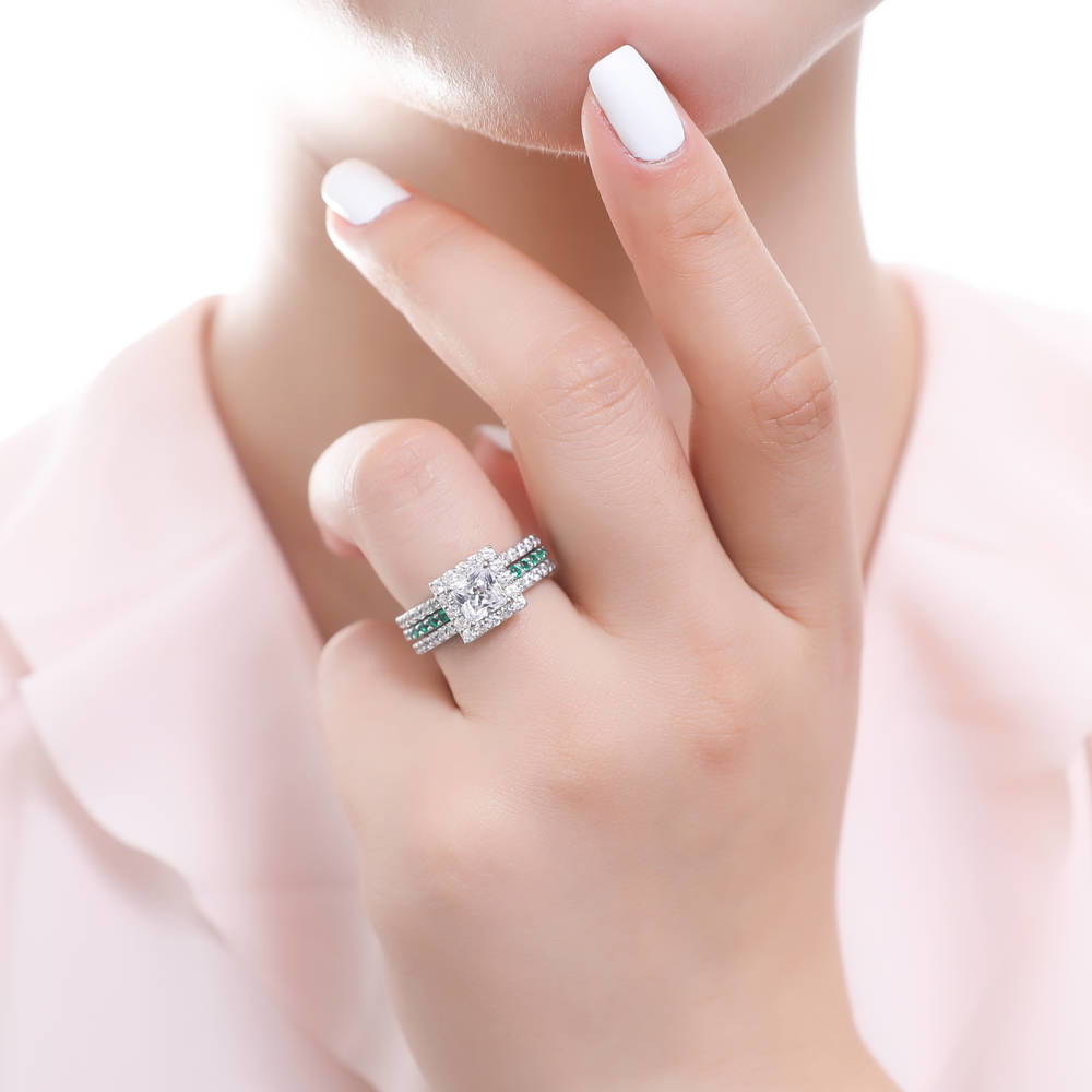 Model wearing Emerald-Green Pave CZ Eternity Ring in Sterling Silver, 8 of 10