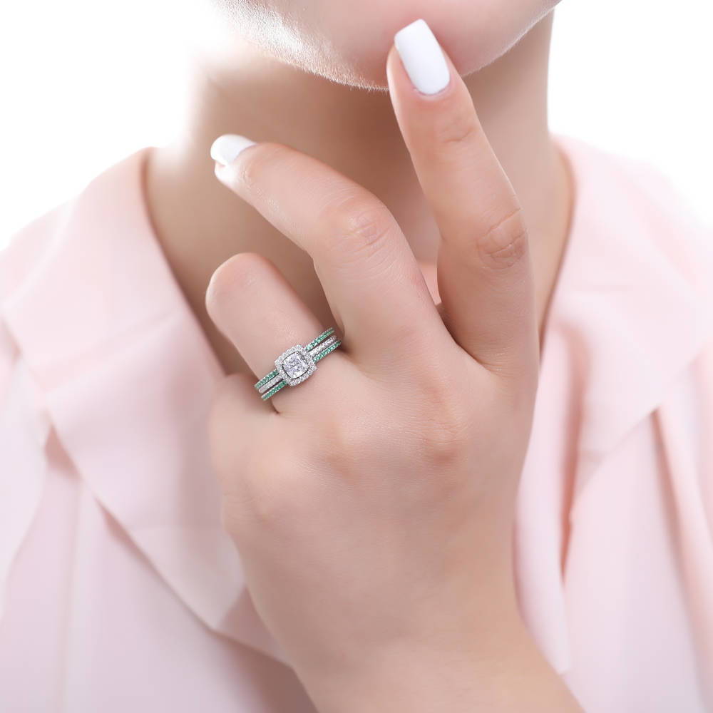 Model wearing Halo Cushion Cut CZ Ring in Sterling Silver, 14 of 18